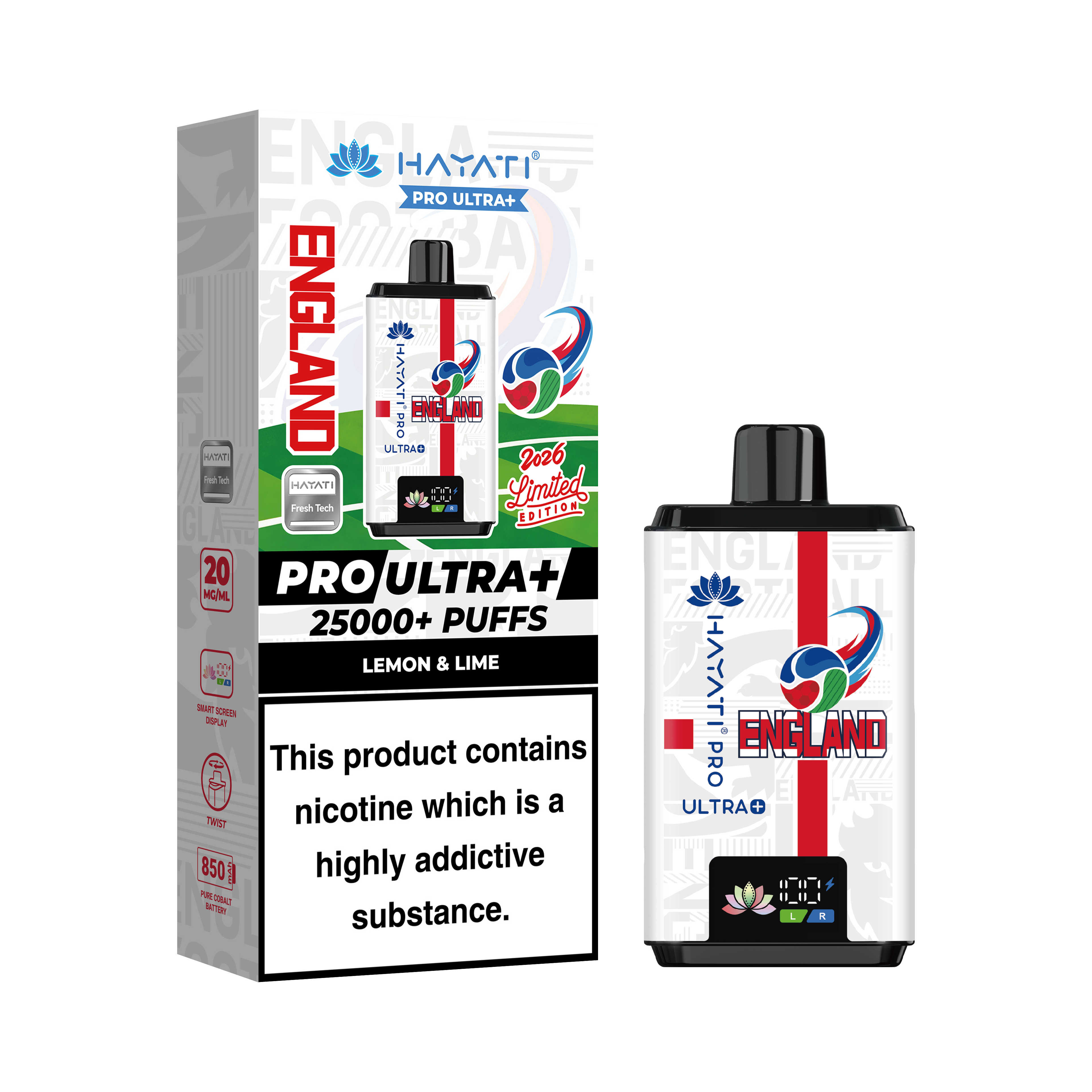 Hayati® Pro Ultra+ 25000+ Vape Kit World Cup Limited Edition - England (20mg)